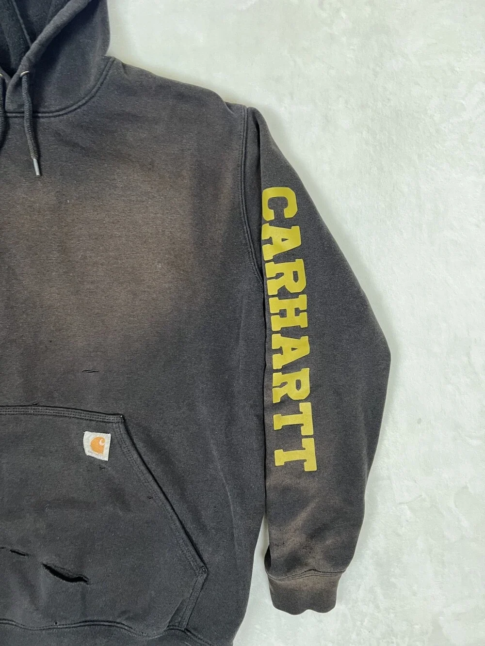 Carhartt Hoodie Sweatshirt Mens XL Black Spell Out Arm Sun Faded Thrashed